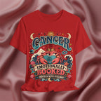 Red t-shirt with Cancer zodiac design on a textured red background