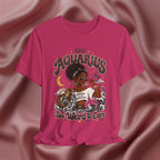 Pink t-shirt with 'Aquarius Too Weird To Care' design featuring a black woman wearing a t-shirt with the text 'different is my superpower' on a pink fabric background