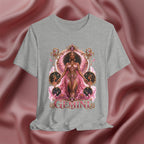 Gray t-shirt with 'Gemini' design featuring a woman in a pink dress on a pink fabric background