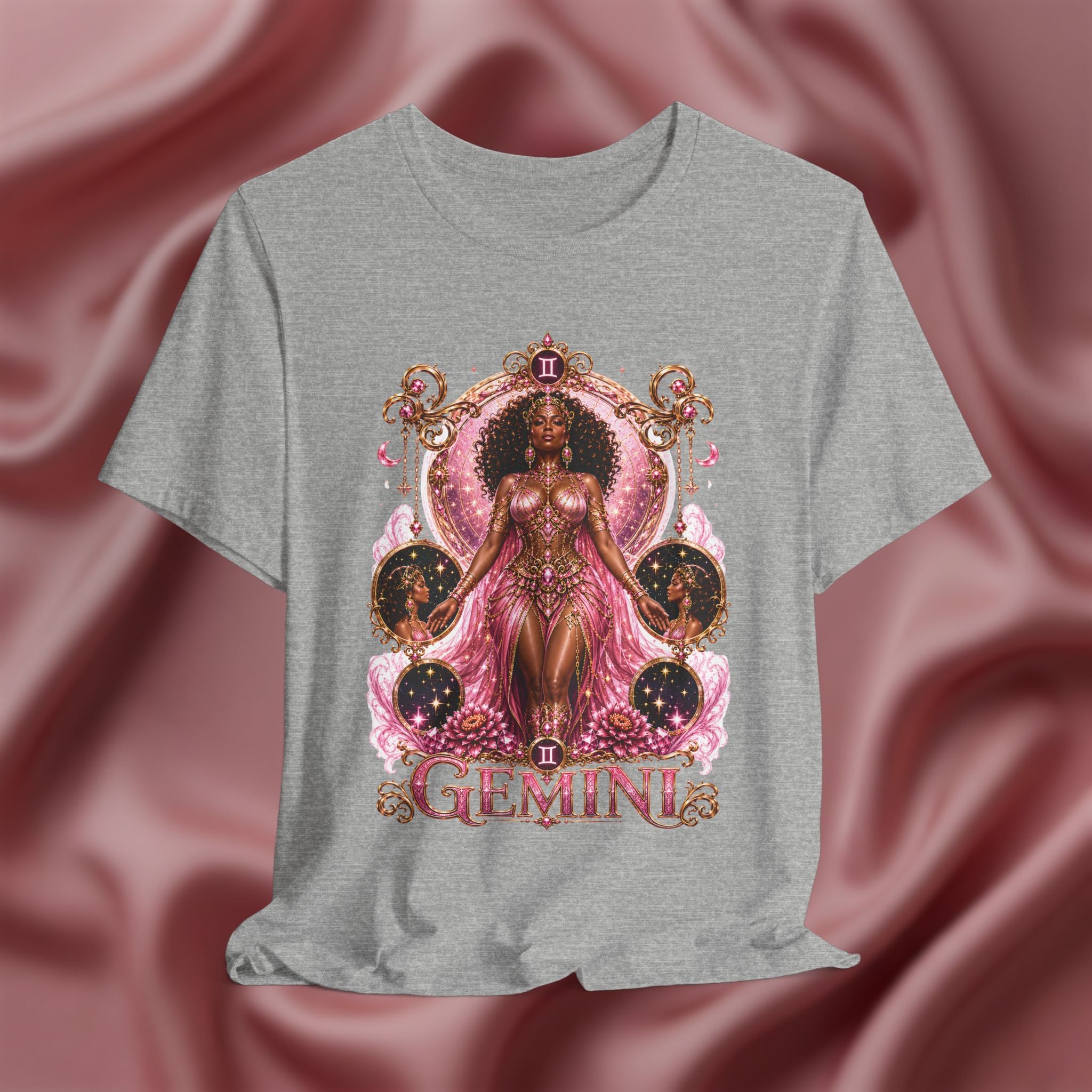 Gray t-shirt with 'Gemini' design featuring a woman in a pink dress on a pink fabric background