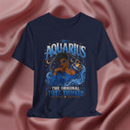 Navy blue t-shirt with Aquarius design featuring a black woman and text 'The original free thinker' on a pink fabric background