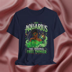 Navy blue t-shirt Pink t-shirt with Aquarius design featuring a black woman and text 'The original free thinker' on a pink fabric background