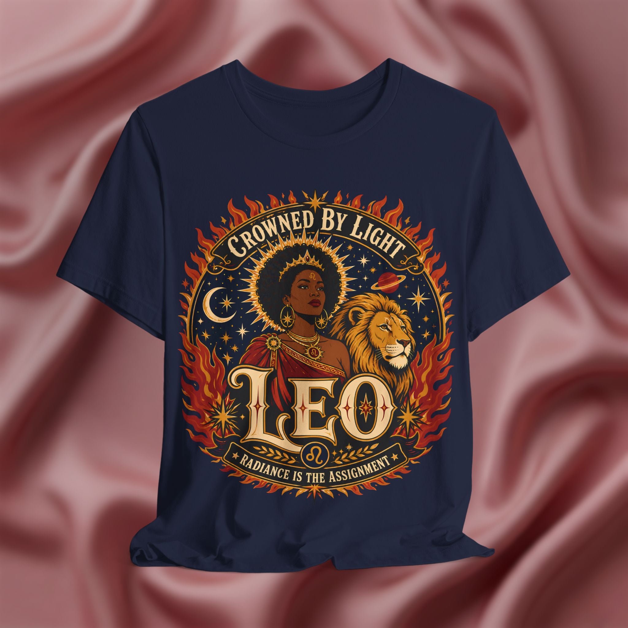 Navy blue t-shirt with 'Crowned by Light Leo' design