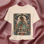 T-shirt with Cancer zodiac design on a textured red background