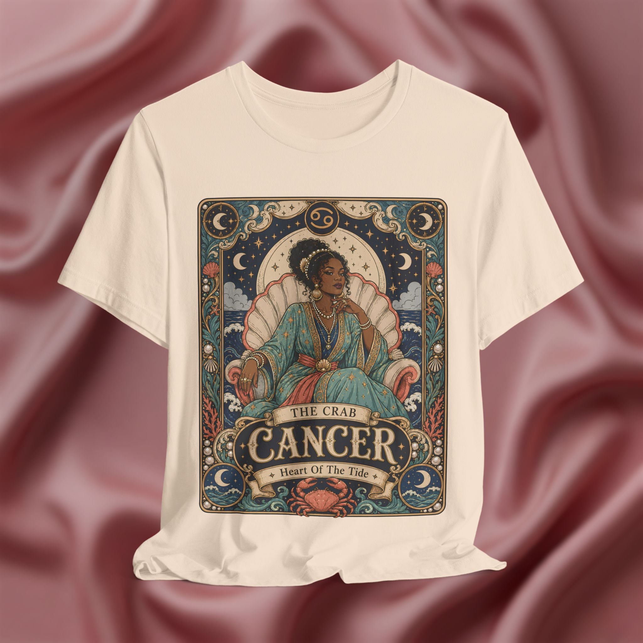 T-shirt with Cancer zodiac design on a textured red background