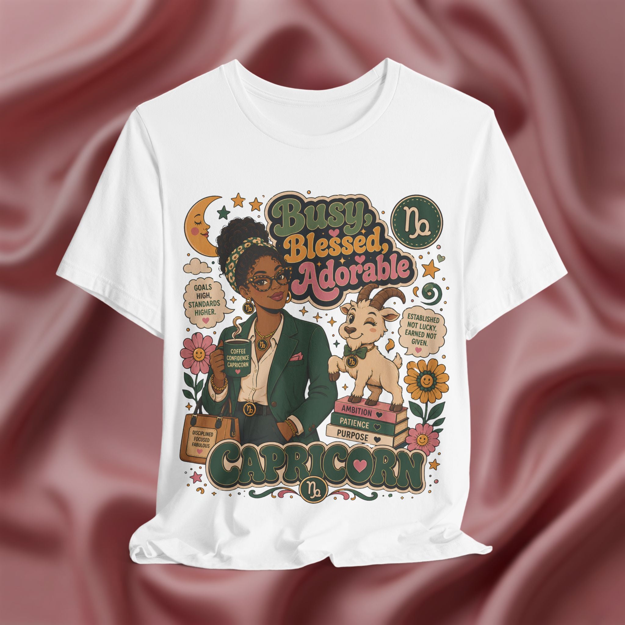 White t-shirt with Capricorn zodiac design featuring a woman and goat on a maroon fabric background