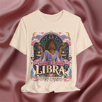 T-shirt with Libra zodiac design on a textured red background