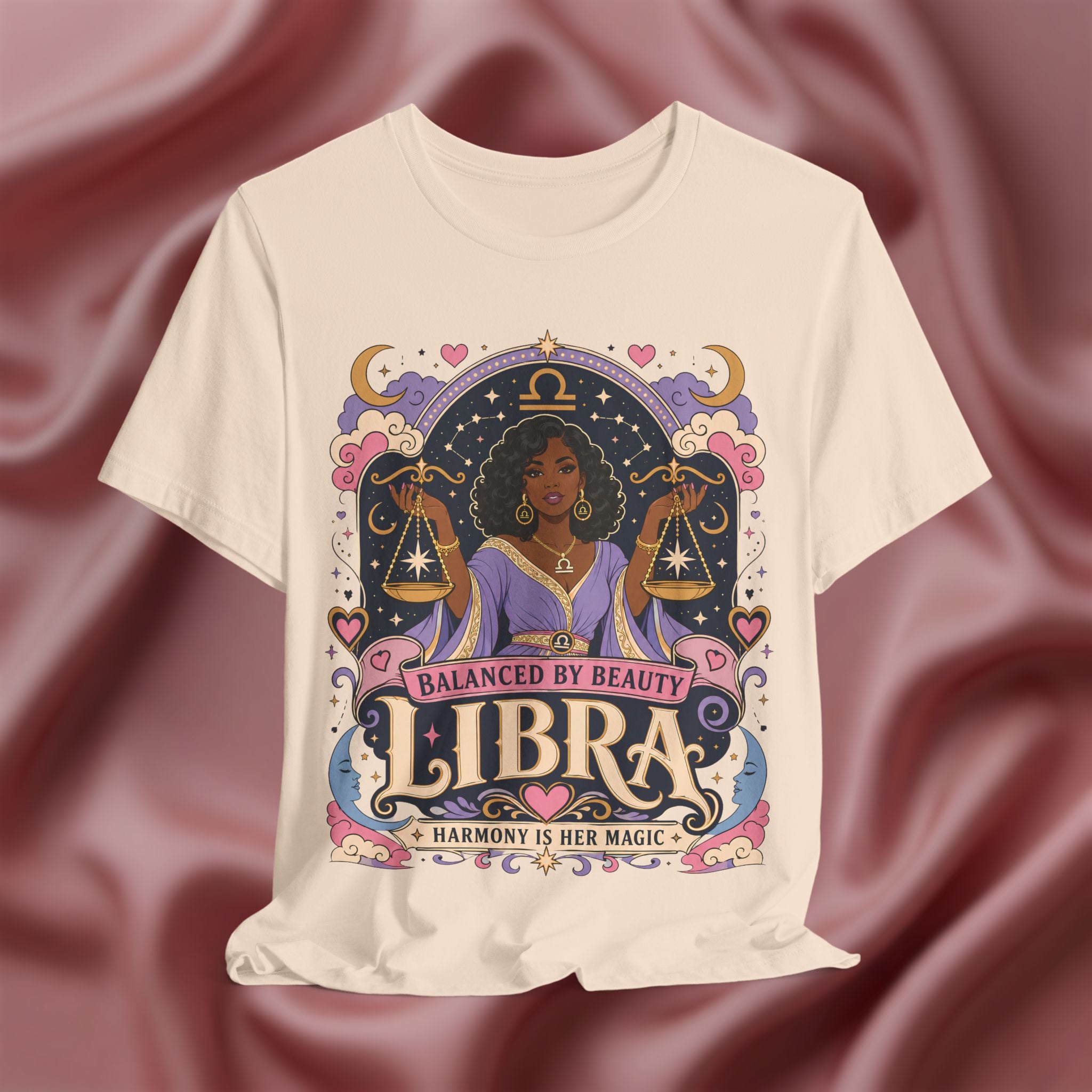 T-shirt with Libra zodiac design on a textured red background