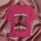 Pink t-shirt with Aquarius design featuring a black woman and text 'Aquarius I'm not anti-social I'm selectively social' on a pink fabric background
