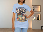 Woman wearing a light blue t-shirt with 'I Feel Everything, Cancer, Then I Take a Nap' design