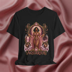 Black t-shirt with 'Aquarius' design featuring a woman in a pink dress on a pink fabric background