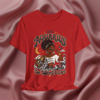 Red t-shirt with 'Aquarius Too Weird To Care' design featuring a black woman wearing a t-shirt with the text 'different is my superpower' on a pink fabric background