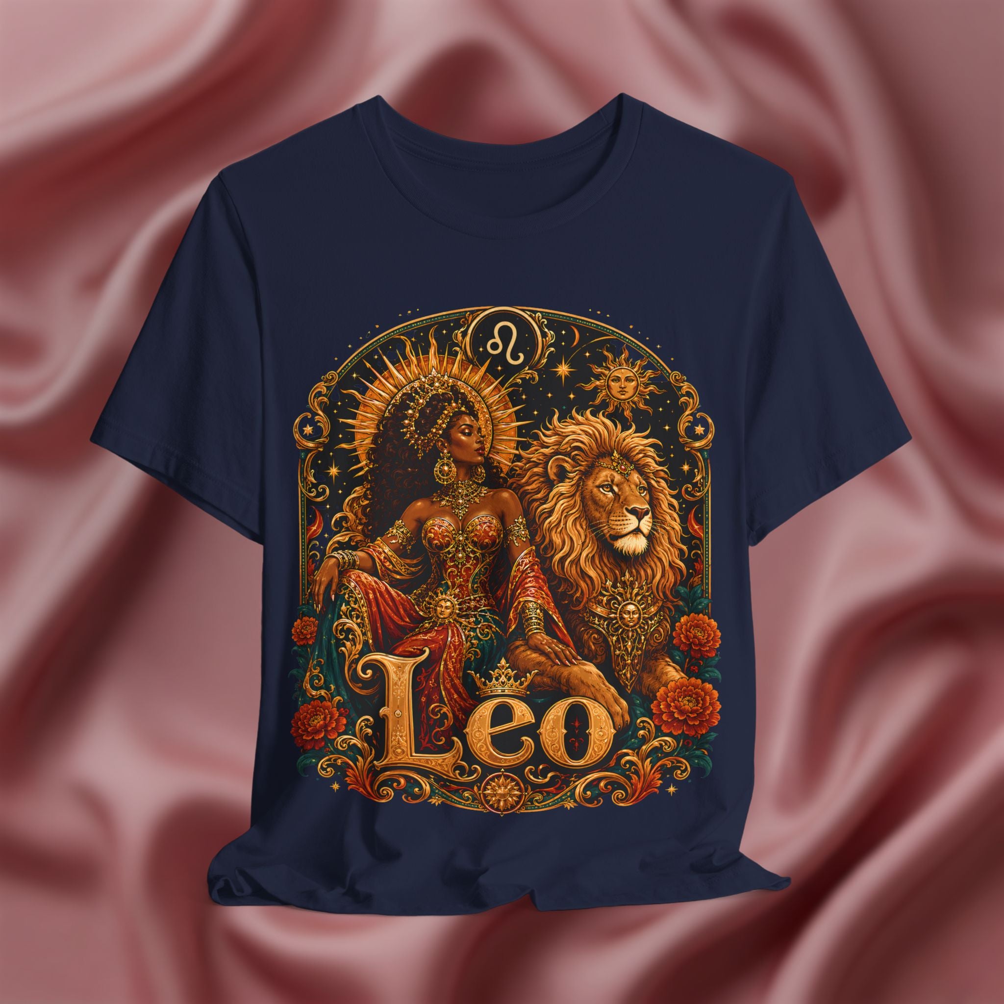 Navy blue t-shirt with Leo zodiac design