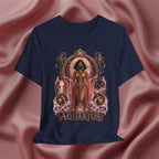 Navy blue t-shirt with 'Aquarius' design featuring a woman in a pink dress on a pink fabric background