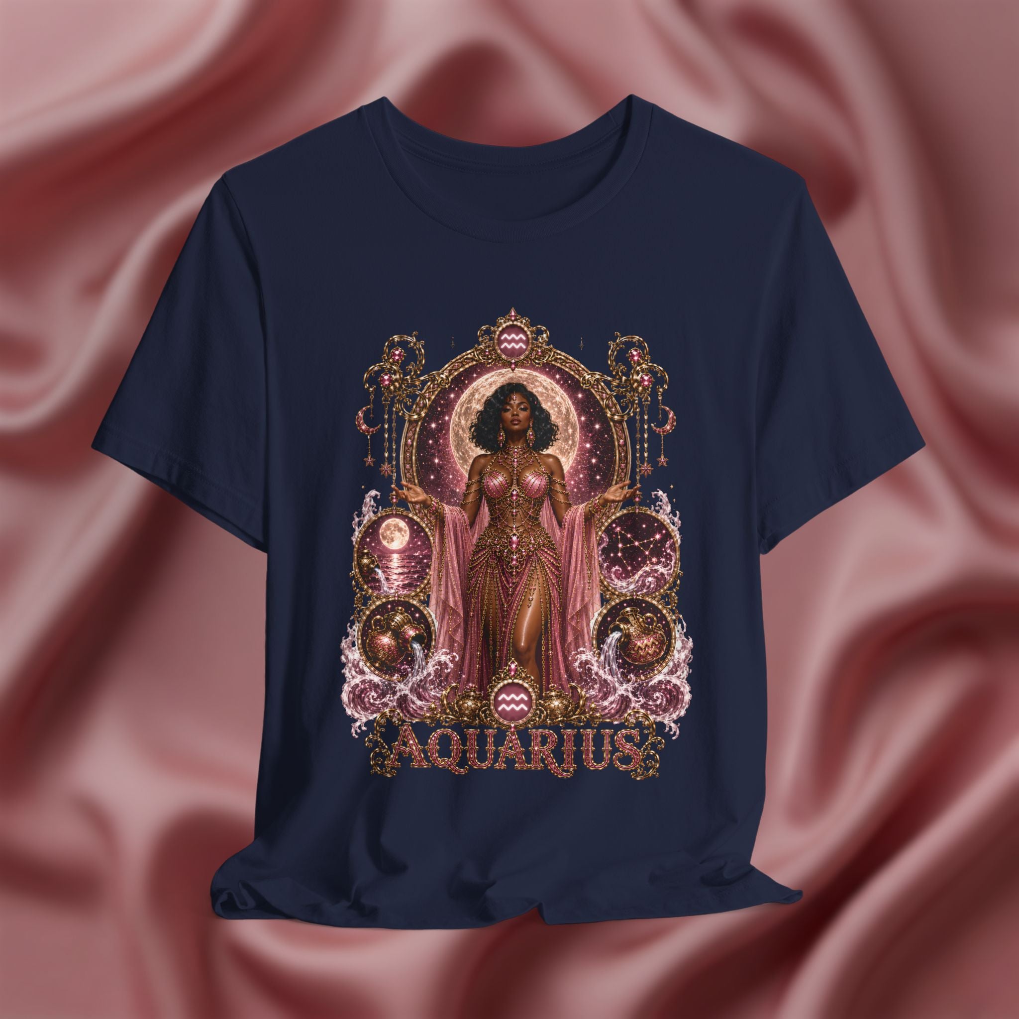 Navy blue t-shirt with 'Aquarius' design featuring a woman in a pink dress on a pink fabric background