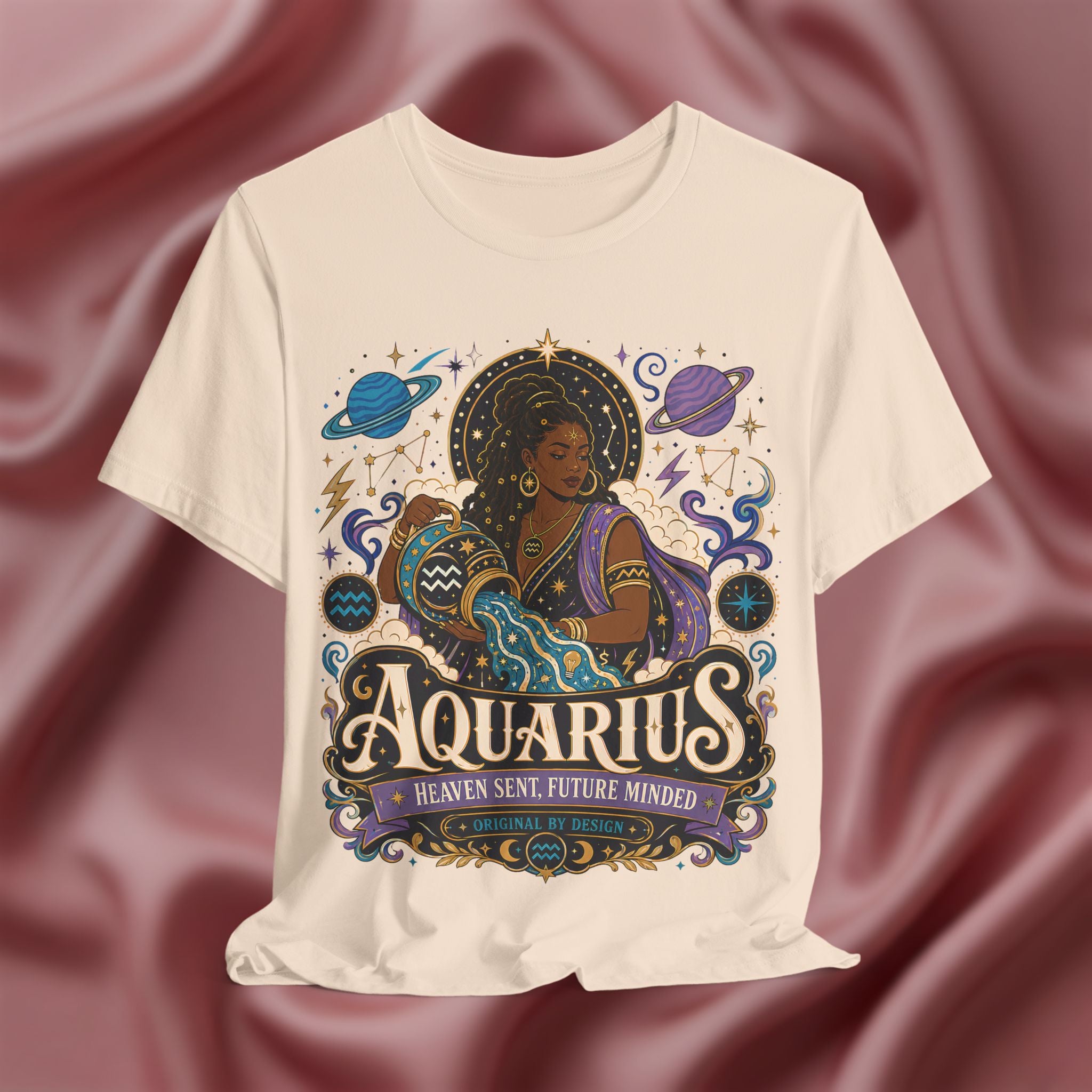 Soft cream T-shirt with Aquarius zodiac design on a textured red background