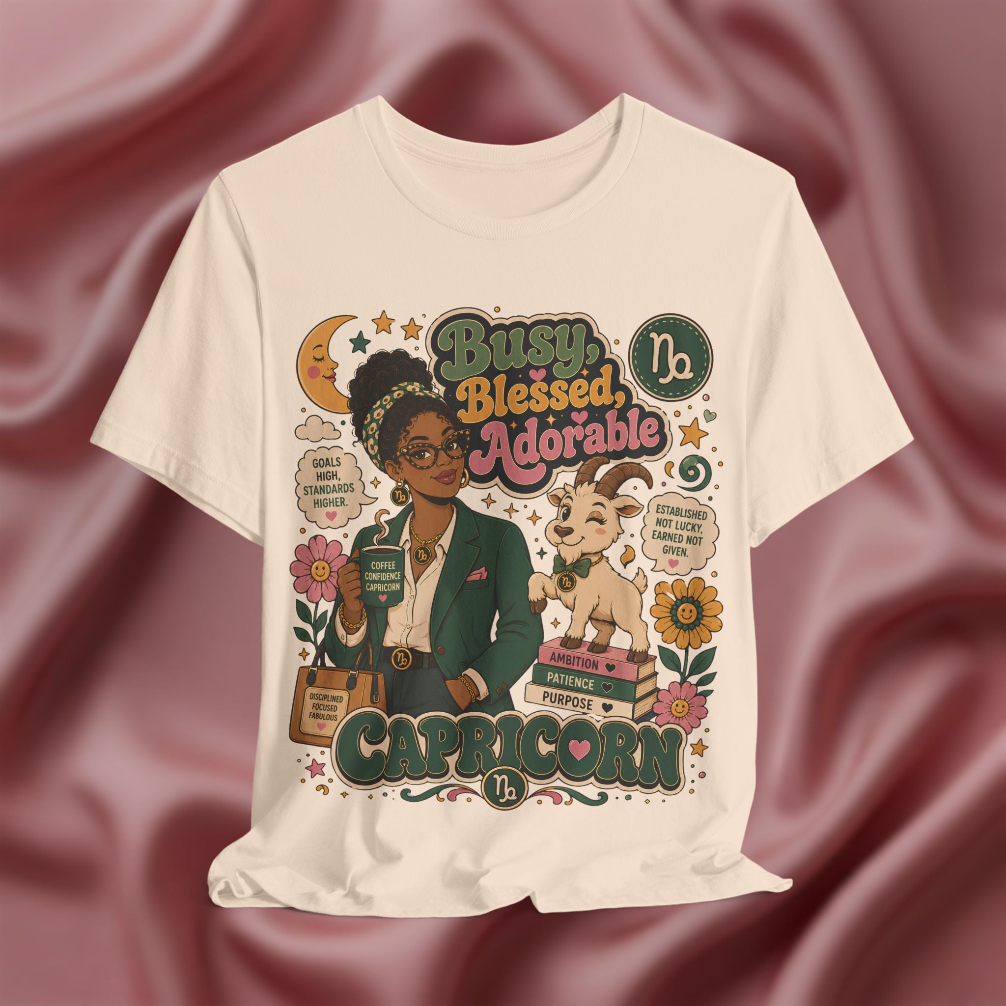 Cream T-shirt with Capricorn zodiac design featuring a woman and goat 