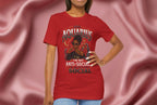 Person wearing a red t-shirt with Aquarius design featuring a black woman and text 'Aquarius I'm not anti-social I'm selectively social' on a pink fabric background