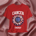 Red t-shirt with American flag sunflower and 'CANCER ENERGY' text on a textured pink background