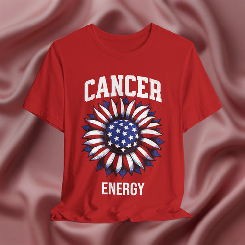 Red t-shirt with American flag sunflower and 'CANCER ENERGY' text on a textured pink background