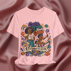 Pink t-shirt with colorful Sagittarius design