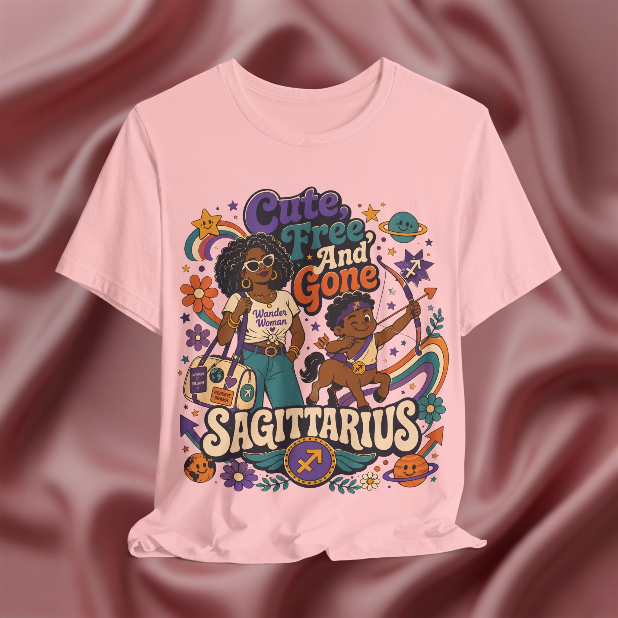 Pink t-shirt with colorful Sagittarius design