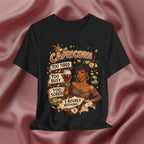 Black t-shirt with Capricorn zodiac design on a pink fabric background
