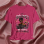Pink t-shirt with Aquarius design featuring a black woman and text 'The original free thinker' on a pink fabric background