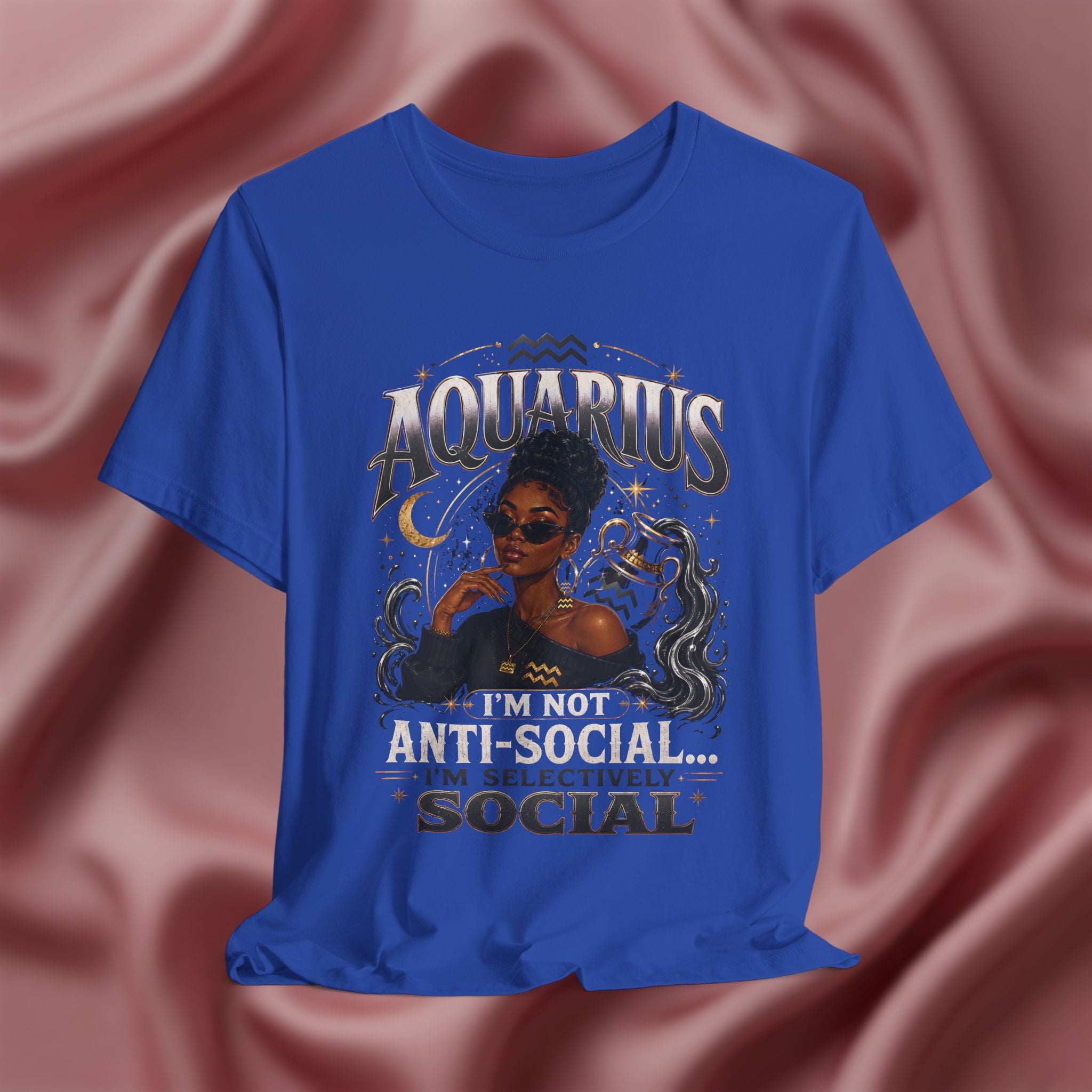 Blue t-shirt with Aquarius design featuring a black woman and text 'Aquarius I'm not anti-social I'm selectively social' on a pink fabric background