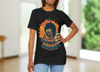 Woman wearing a black t-shirt with a graphic of a woman holding an arrow and the text 'Sagittarius Energy'