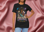 Person wearing a black t-shirt with Aquarius design on a pink fabric background