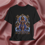 Black t-shirt with 'Gemini' design featuring a woman in a blue dress on a pink fabric background