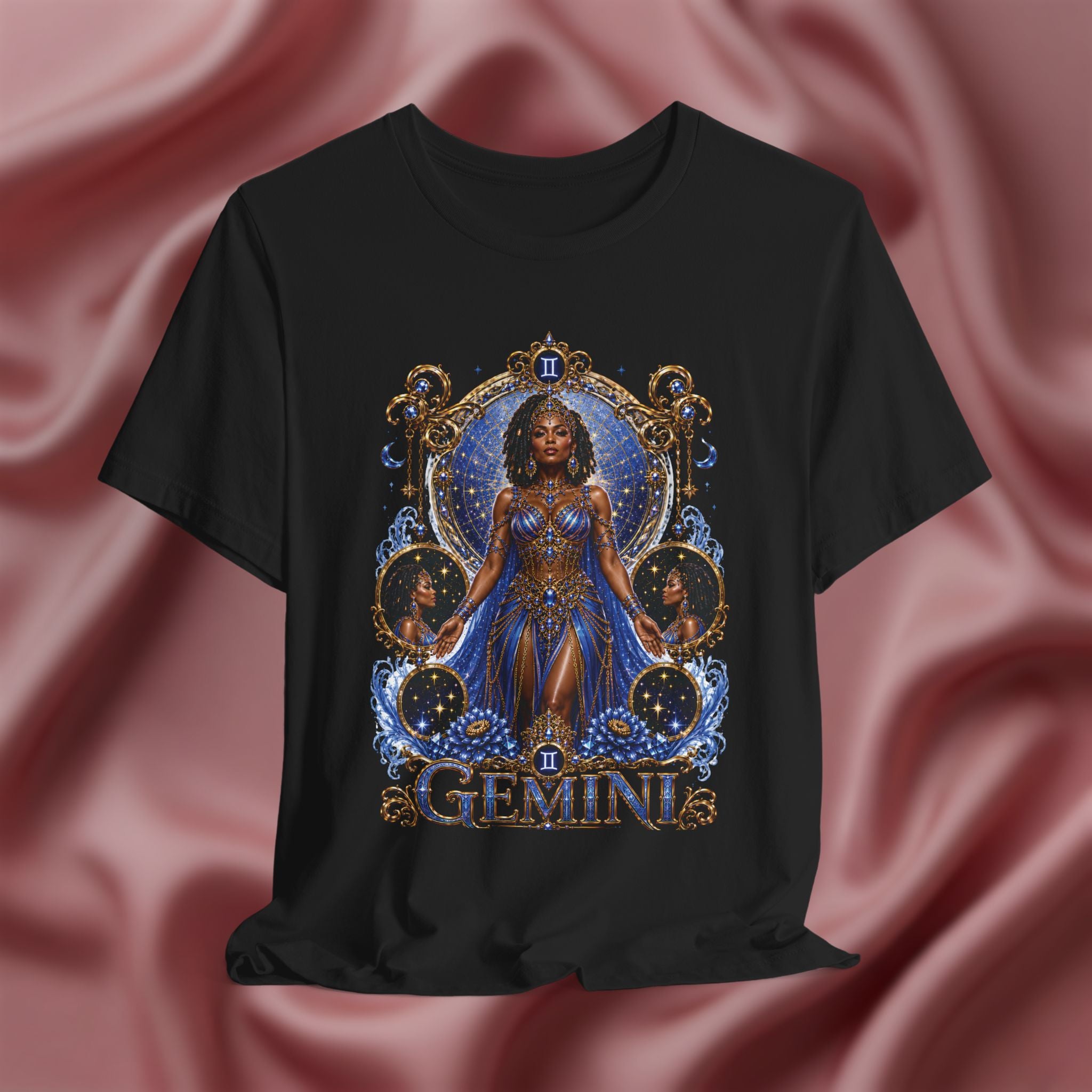 Black t-shirt with 'Gemini' design featuring a woman in a blue dress on a pink fabric background