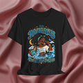 Black t-shirt with 'Aquarius Too Weird To Care' design featuring a black woman wearing a t-shirt with the text 'different is my superpower' on a pink fabric background