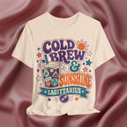 Soft cream T-shirt with 'Cold Brew & Sunshine Sagittarius' design