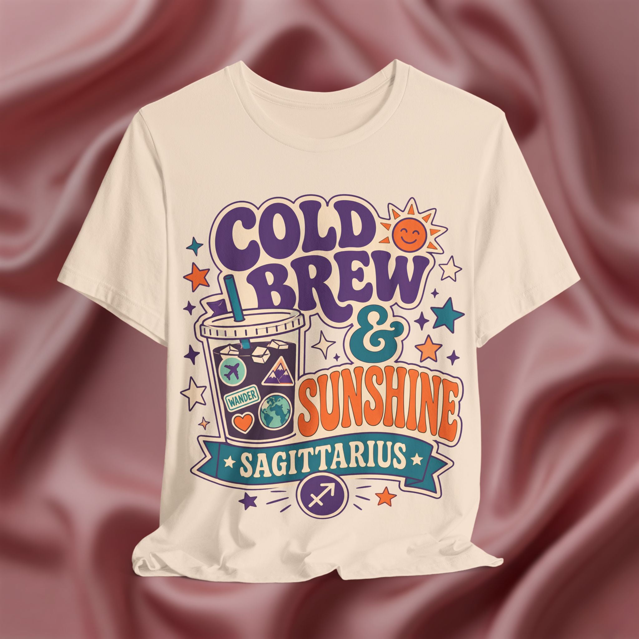 Soft cream T-shirt with 'Cold Brew & Sunshine Sagittarius' design