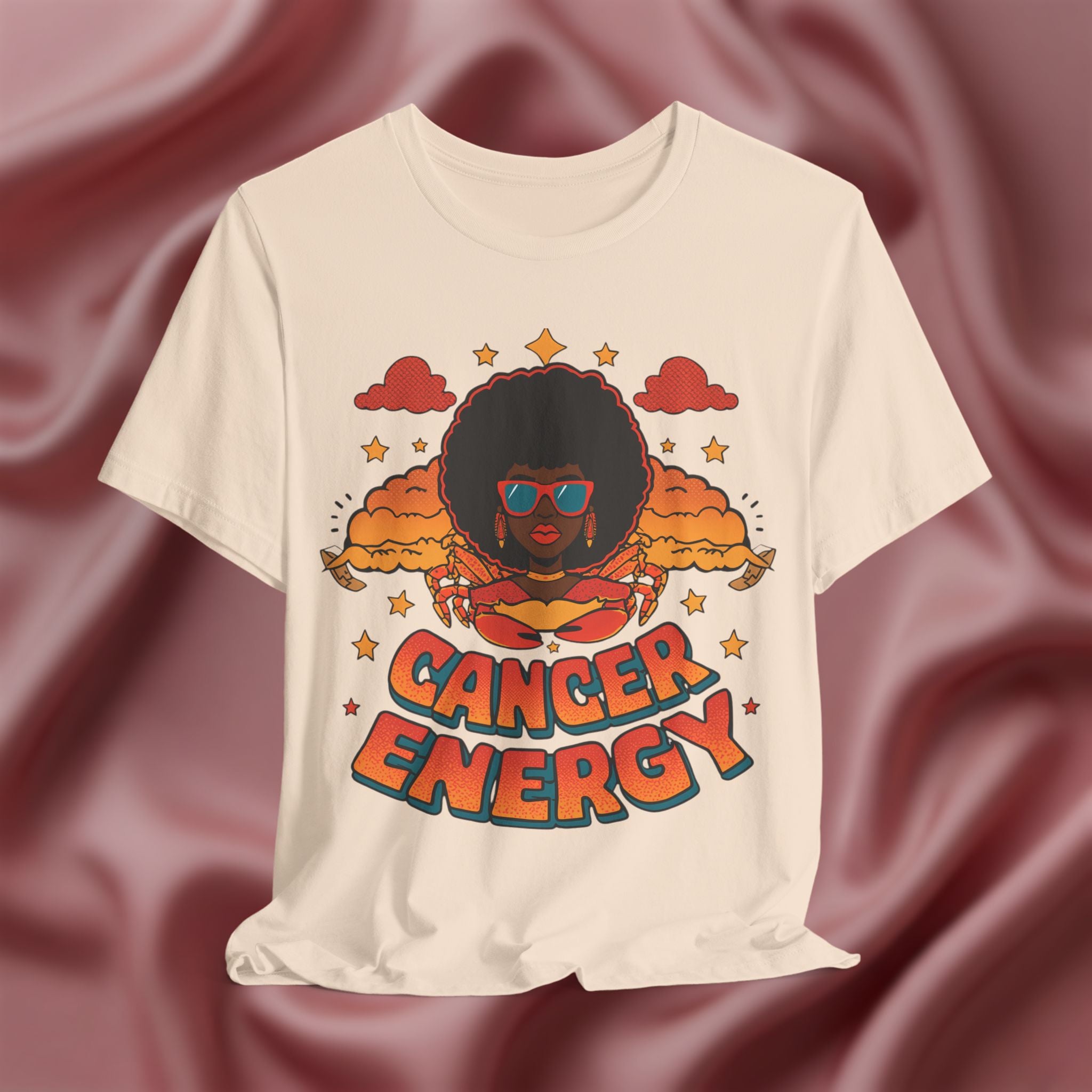 Soft cream T-shirt with 'Cancer Energy' design on a textured brown background
