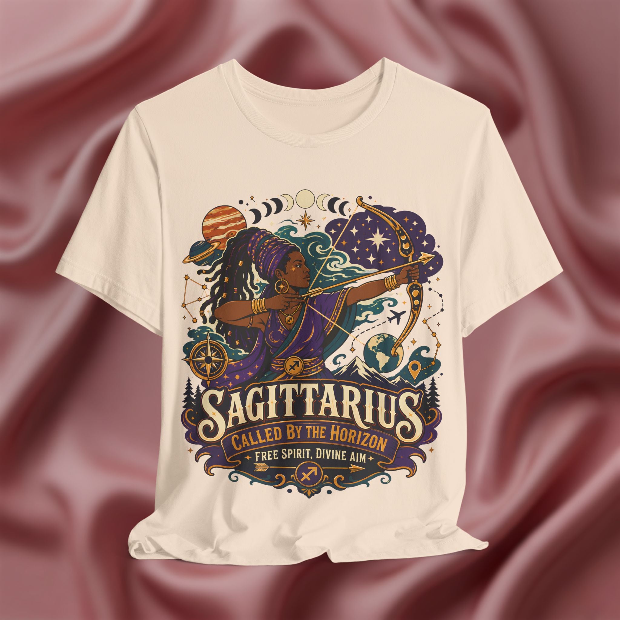 Soft cream T-shirt with Sagittarius zodiac design on a textured brown background
