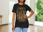 Woman wearing a black t-shirt with 'Virgo' design 