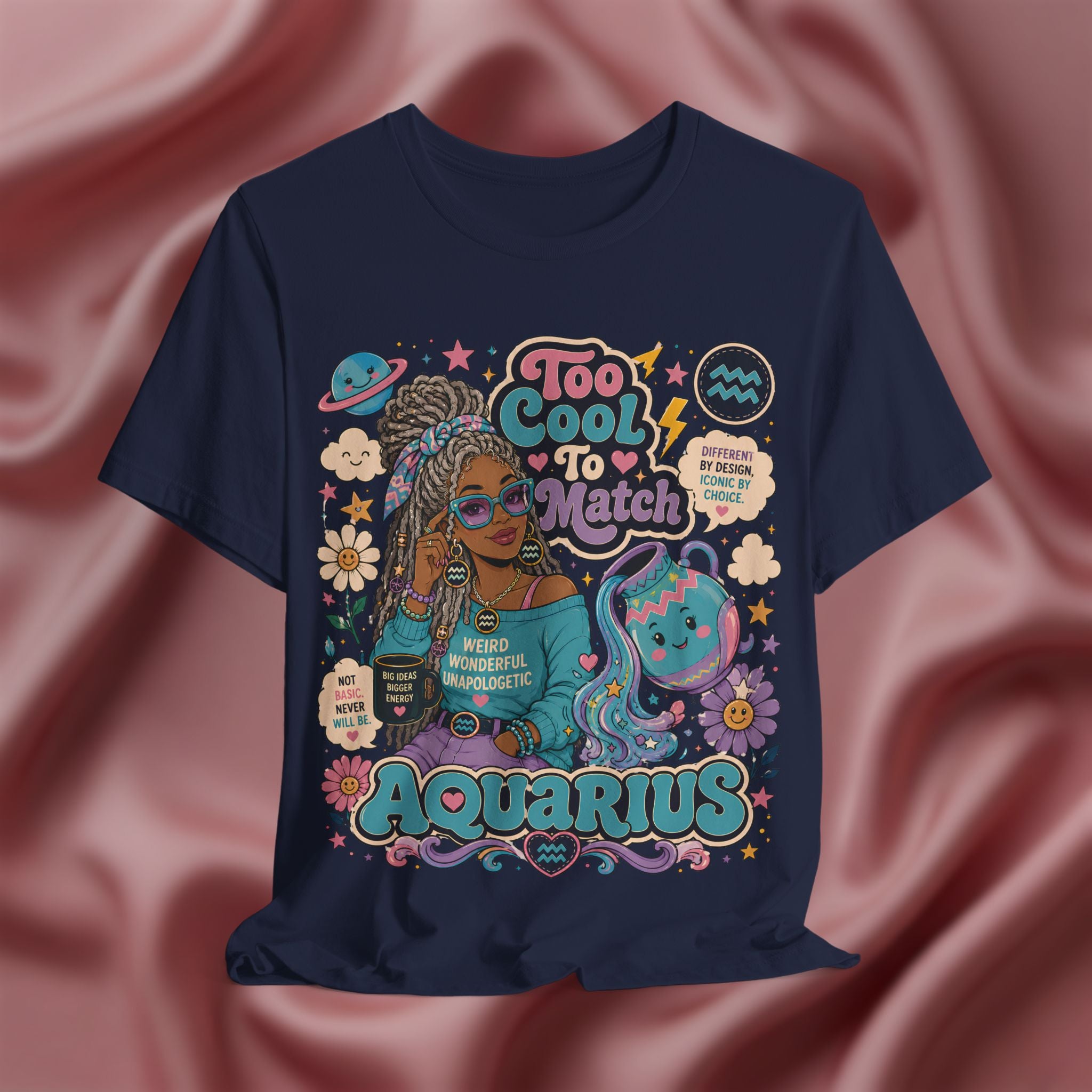 Navy blue t-shirt with Aquarius-themed design featuring a person with braided hair and a creature on a pink fabric background.