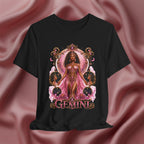 Black t-shirt with 'Gemini' design featuring a woman in a pink dress on a pink fabric background
