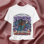 White t-shirt with colorful Pisces zodiac design on a maroon fabric background