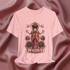 Pink t-shirt with Gemini zodiac design on a textured pink background