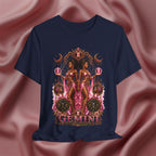 Navy blue t-shirt with Gemini twins zodiac design on a pink fabric background