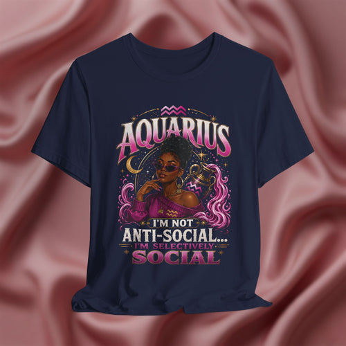 Navy blue t-shirt with Aquarius design featuring a black woman and text 'Aquarius I'm not anti-social I'm selectively social' on a pink fabric background