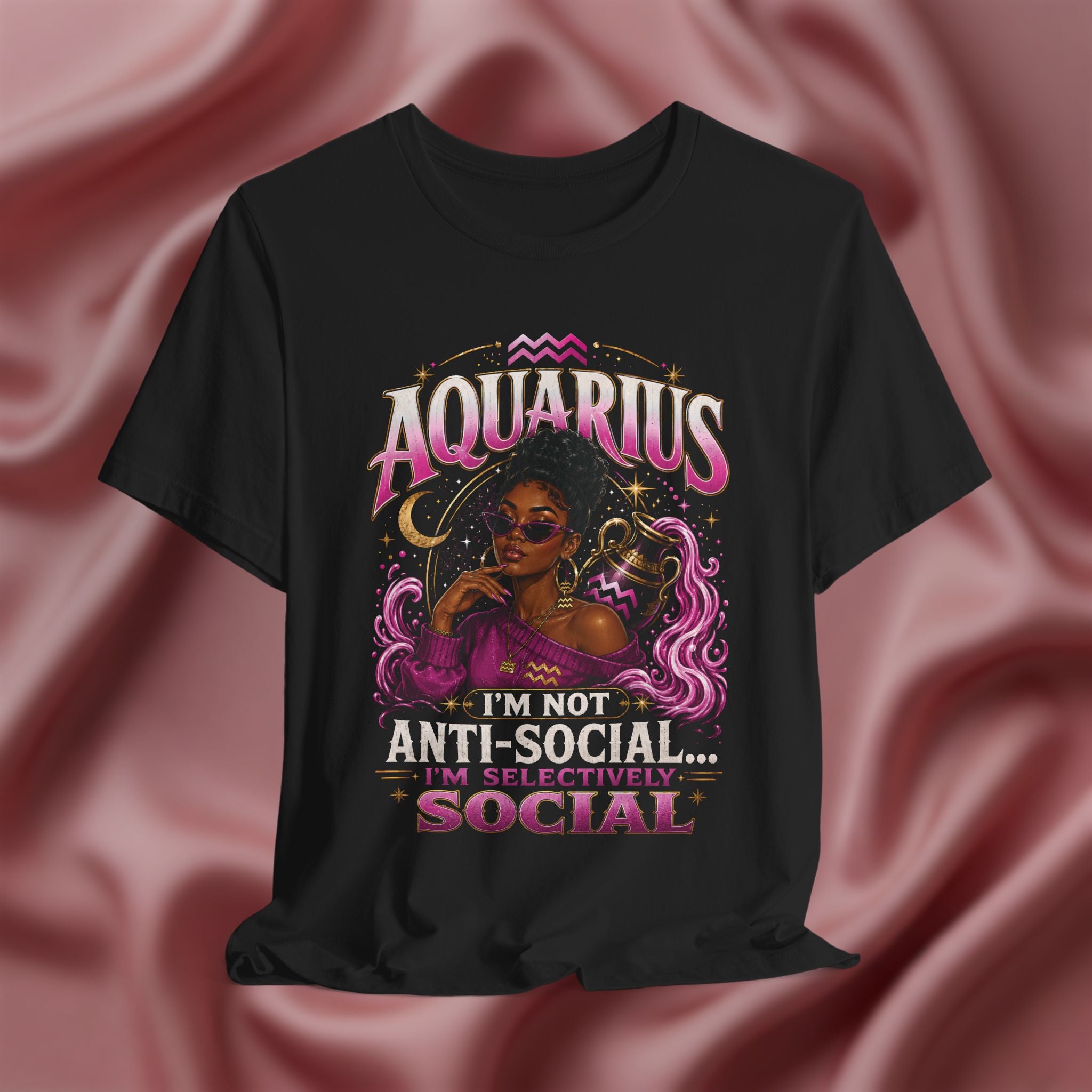 Black t-shirt with Aquarius design featuring a black woman and text 'Aquarius I'm not anti-social I'm selectively social' on a pink fabric background