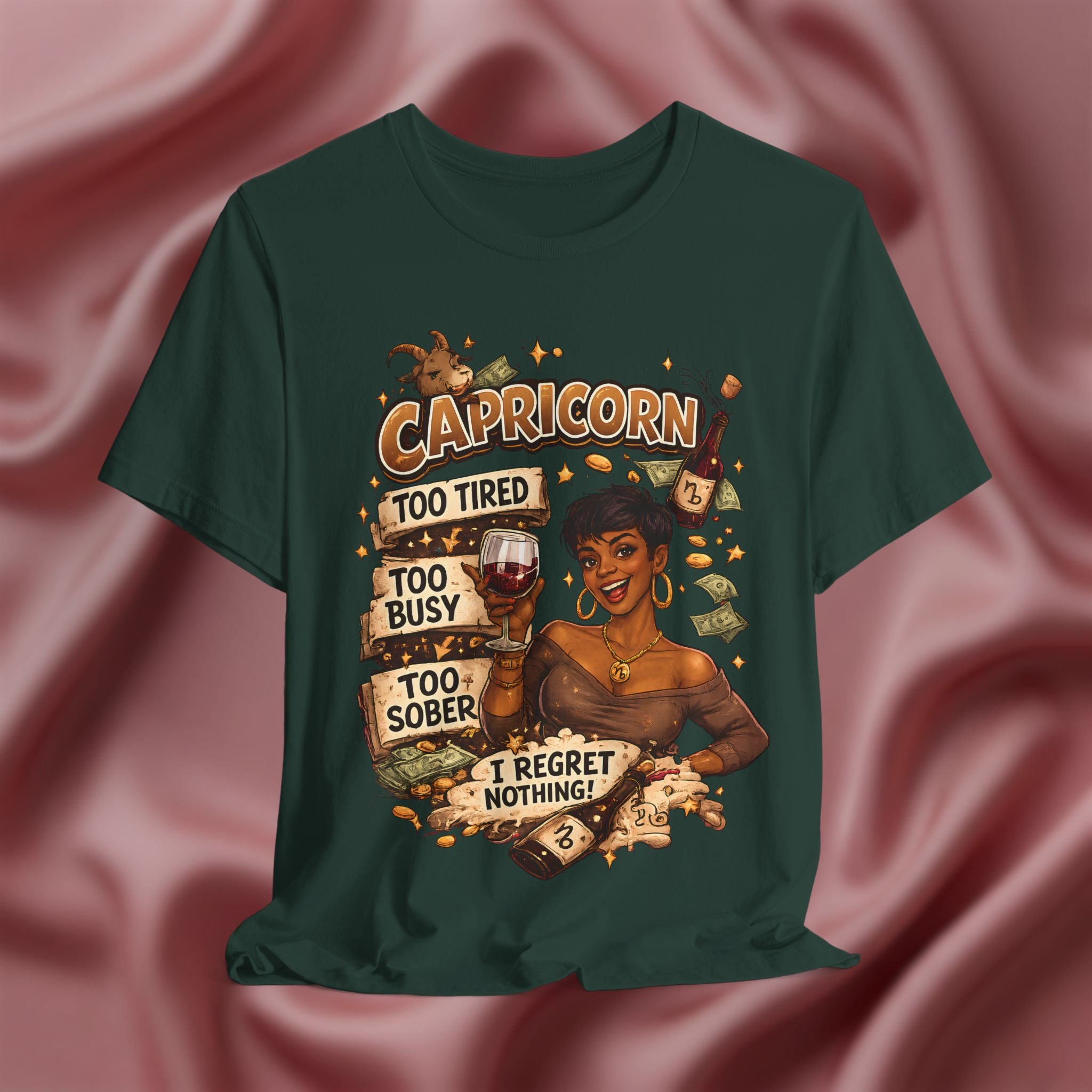 Green t-shirt with Capricorn zodiac design on a pink fabric background