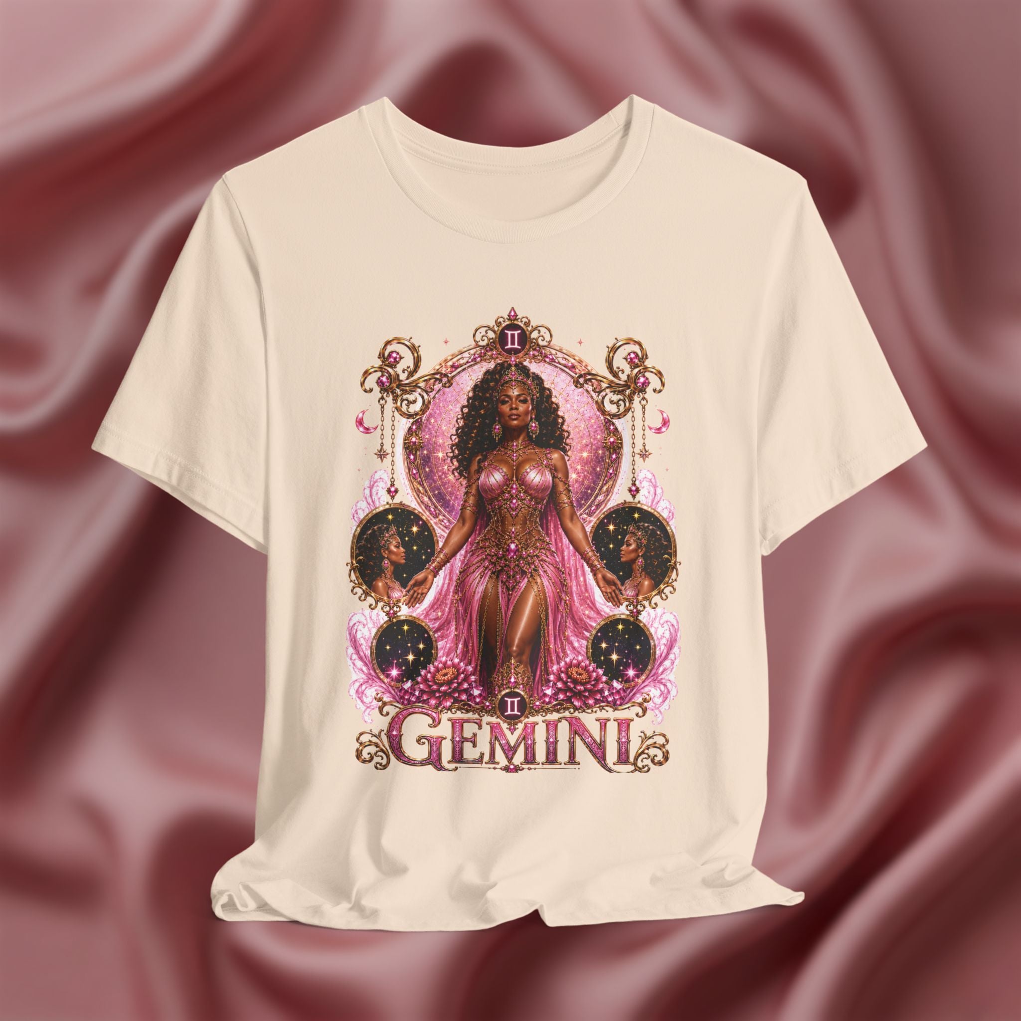 Cream T-shirt with 'Gemini' design featuring a woman in a pink dress on a pink fabric background