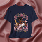 Navy blue t-shirt with 'Aquarius Too Weird To Care' design featuring a black woman wearing a t-shirt with the text 'different is my superpower' on a pink fabric background