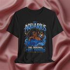 Black t-shirt with Aquarius design featuring a black woman and text 'The original free thinker' on a pink fabric background